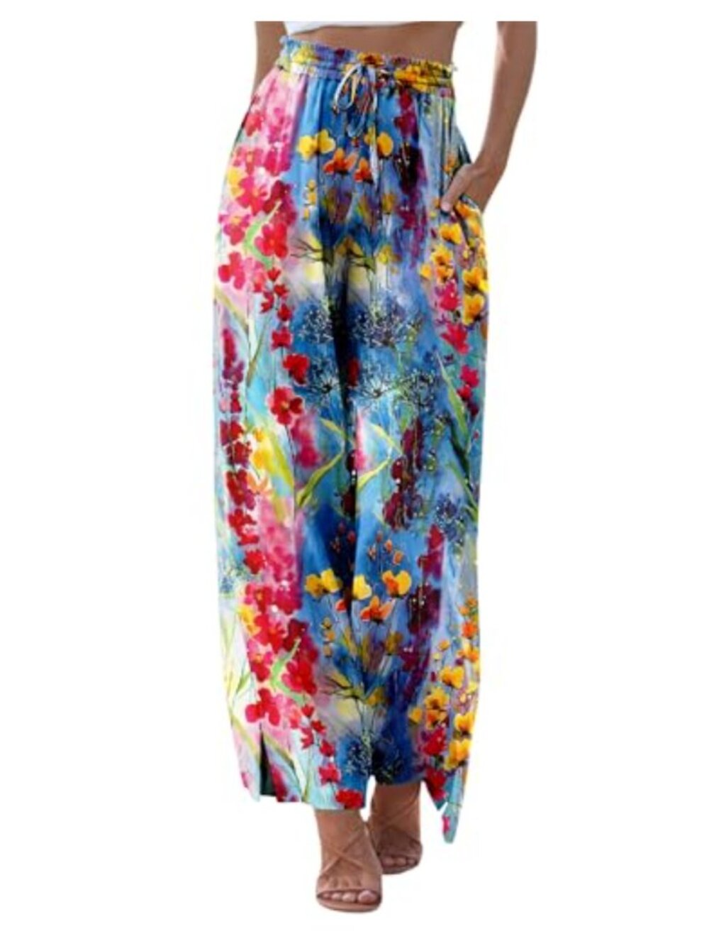 Womens Palazzo Lounge Pants Drawstring Elastic Waist Wide Leg Boho Trousers
